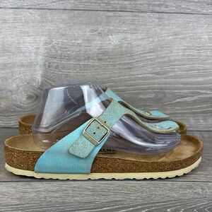 Birkenstock Gizeh Flecked Light Blue Gold Women’s Sz 11/EU 42 Thong Sandals